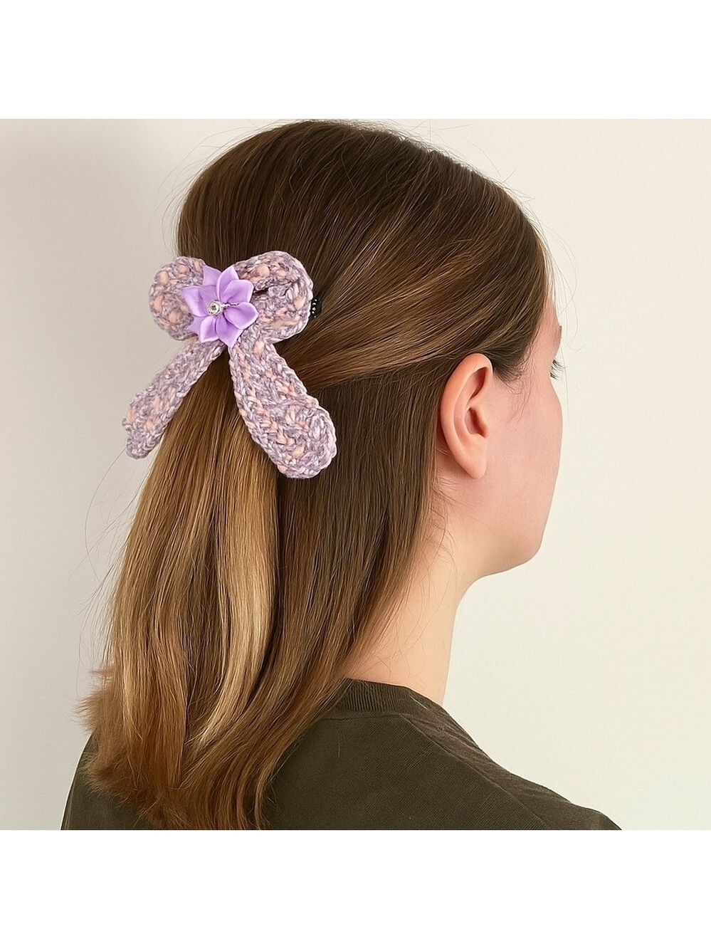 Hand Crafted Purple Crochet Bow Hair Clip Accessory 2.5" black alligator clip - Picture 1 of 17